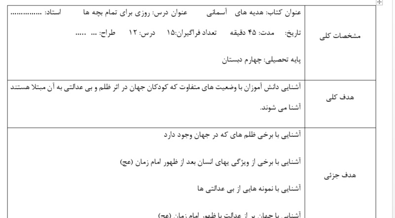 طرح درس روزانه هدیه های آسمان پایه چهارم