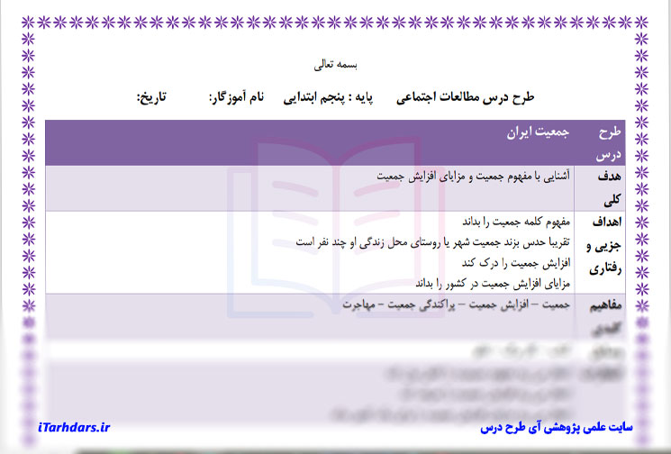 طرح درس جمعیت ایران مطالعات پایه پنجم