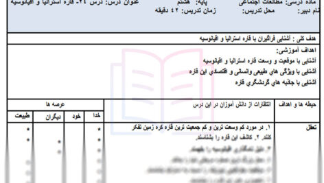 طرح درس قاره استرالیا و اقیانوسیه مطالعات هشتم